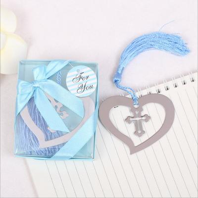 China Wedding Party Decorations Wholesales Cross In Heart Metal Pins With Blue Tassel In Gift Box Wedding Favors Baby Baptism Keepsake for sale