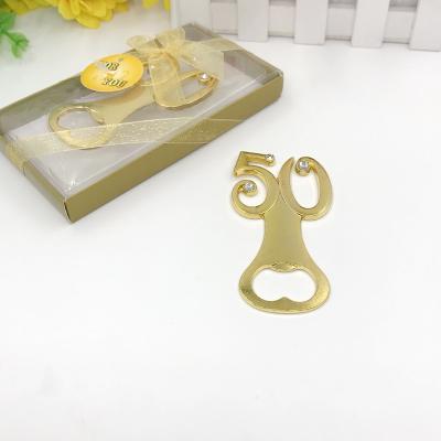 China Wedding Baby Favors Wholesales OEM Digital Gold 50th Design Wine Bottle Opener 50 Beer Openers Wedding Anniversary Gift Birthday Party Favors for sale