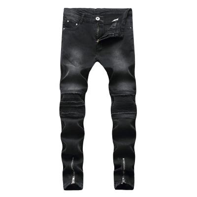 China Fashionable Wholesale Fashion Stacked Stretch Foot Mens Black Jeans Pleated Biker Boyfriend Jeans Pants for sale