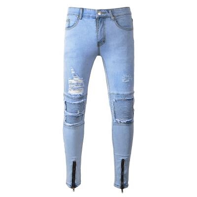 China New Style Motorcycle Biker Jeans Men's Viable Light Blue Slim Fit Rip Rise Jean Pant for sale