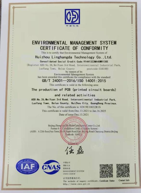 ISO14001 - Huizhou Linghangda Technology Co., Ltd.