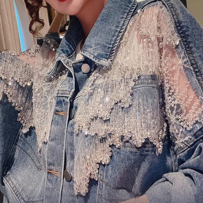 China European Reference QUICK DRY 2021 New European Spring Goods Quilting Inlaid Beads With Diamond Mesh Denim Jacket Loose Slim Women for sale