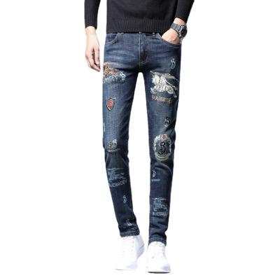 China 2021 New Waterproof Men's Fashion Spring/Summer Korean Printed Slim Fit Embroidery Ripped Jeans for sale