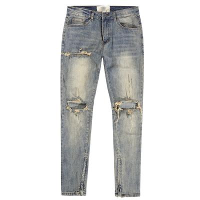 China Europe and America straight high wind hole jeans heavy yellow blue blue stretch jeans pants for sale