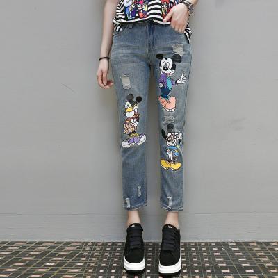 China New viable fall 2021 new millimeter jeans quarter pants big size ripped sister cartoon fat printed pants with small feet for sale