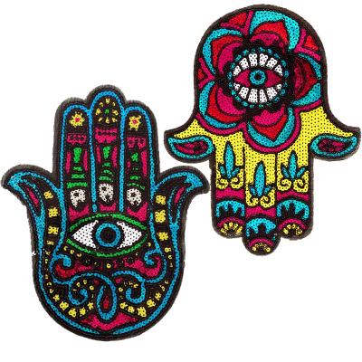 China Hot Sale 3D Sequined Embroidery Appliques Iron On Large Patch Hand Evil Eye Sequins Patches For T-shirt Accessories for sale