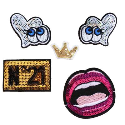 China 3D embroidery cloth patch computer embroidery chapter sequins Misha say crown lip service left and right eyes dress decoration patch for sale