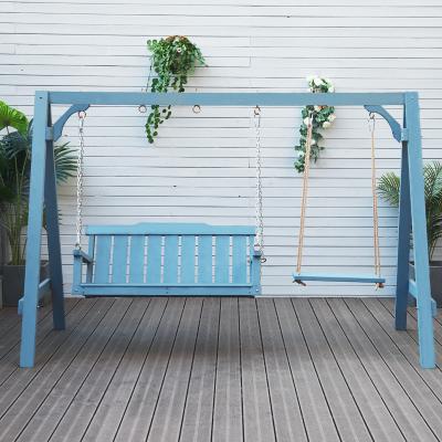 China Modern Outdoor Blue Swing Chair Leisure Furniture Garden Solid Wood Double Seat Hanging Chair for sale