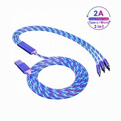 China 3 in 1 led wholesale flowing light 3 in 1 led type usb flowing light luminous charging cables one c drag three mobile phone charging data cable for sale