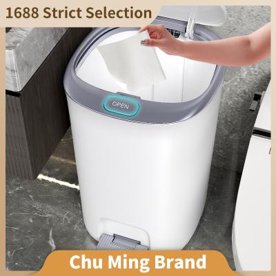 China Sustainable Hands Press Tread Trash Can Cover Brand Household Garbage Bin Two Color Plastic Wastebasket for Bathroom,Kitchen for sale