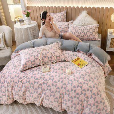 China Nondisposable Hotel Style Cut Out Milk Velvet Four Piece Suit Sheet Bed Skirt Pillow for sale