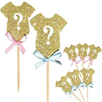 China Paper and Wooden Glitter Gender Reveal Cupcake Toppers, Boy or Girl Baby Shower Party Cake Food Decorating Supplies for sale