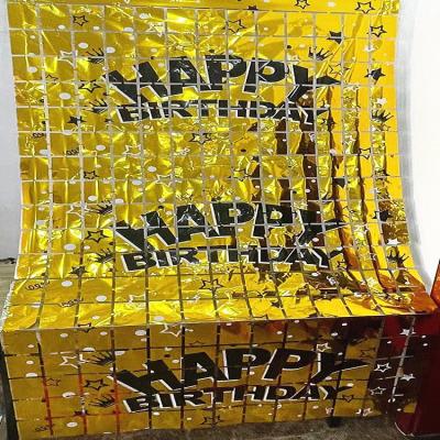 China Hot Sale 1*2m Fashion Big Happy Birthday Curtain Wall Decoration Party Background Aluminum Layout Luminous Square Curtain for sale