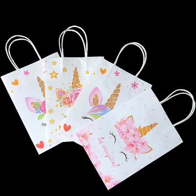 China Wholesale Cute Unicorn Animal Pattern Birthday Party Theme Cartoon Gift Candy Bag With Ribbon Handle Wrapping Paper Bag for sale