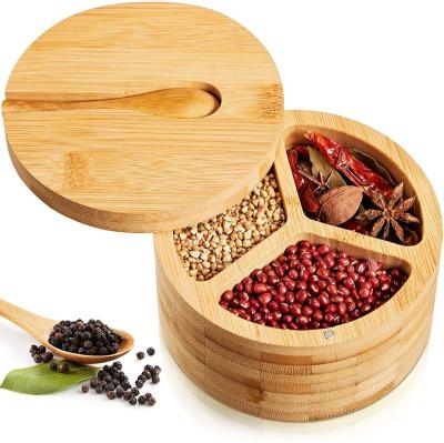 China Steamable Bamboo Salt Box with 3-Compartment Spoon Spice and Seasonings Storage Container with Magnetic Lid Round Condiment Salt Jar for sale