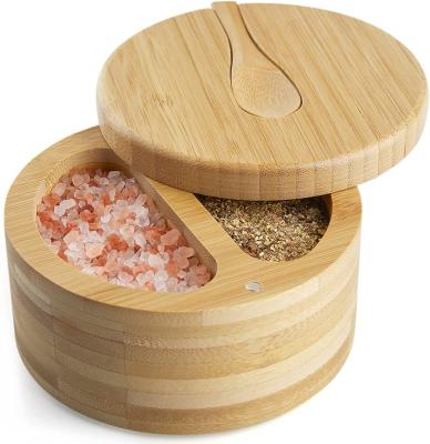 China Sustainable Bamboo Integrated Salt And Pepper Box Serving Spoon To Prevent Lost For Spice for sale