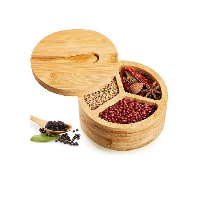 China Steamable New Design 3 Compartment Magnetic Lid Spice Storage With Spoon Bamboo Kitchen Salt Pepper Container for sale