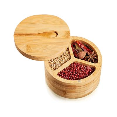 China Steamable Quality Choice Condiment Container Custom Bamboo Kitchen 3 Compartment With Spoon Seasoning Box for sale