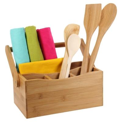 China BANBOO Bamboo Cutlery Rack Kitchen Utensil Trolley 4 Compartment Bamboo Flatware Storage Rack With Handle for sale