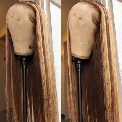 China Soft Smooth Thick Barely Shedding 180% Density Virgin Hair Human 13x4 Lace Front Highlighted Blond Wig Mix Color Lace Highlighted Human Wig for Black Women for sale