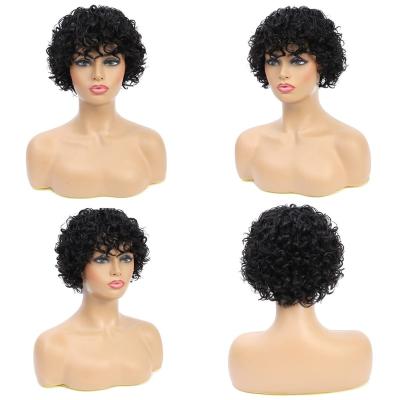 China Soft Smooth Thick Barely Shedding Pixie Cut Short Curly Human Hair Wigs With Bangs Machine Made Real Hair Wigs for sale