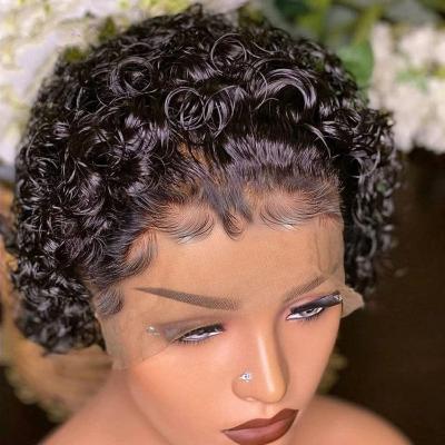 China Soft Smooth Thick Barely Shedding Lace Front Pixie Curls Wig Pre Plucked Short Pixie Wig Lace Frontal Pixie Cut Human Hair Wigs for sale