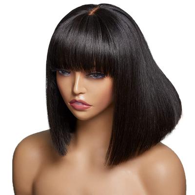 China Soft Smooth Thick Barely Shedding 100% Human Hair Straight Bob Wig With Bangs Glueless Minimalist Lace Bob Bang Wig For Women 180 Density for sale