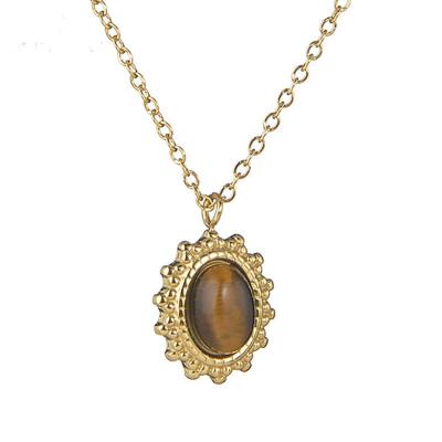 China NL022 Fashion Jewelry Women Hot Selling Gold Sun Shaped Inlaid With Tiger Eye Stone Pendant Necklace Trendy Oval for sale