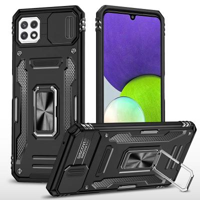 China Shockproof 2 in 1 Armor PC Slide Camera Back Cover with Ring Holder Galaxy Cell Phone Case Coque for samsung galaxy a22 5g for sale