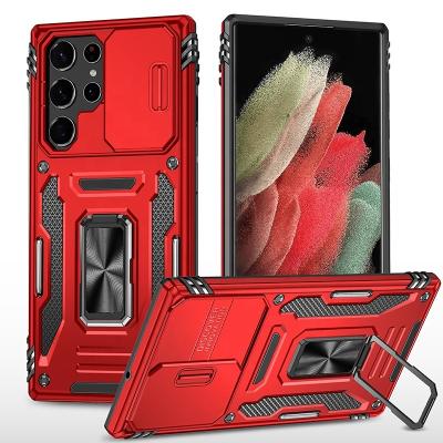 China Shockproof Armor PC Slide Cover Camera With Ring Holder Accessories Celular Mobile Phone Case For Samsung galaxy S22 5g ultra S22 plus S21 for sale