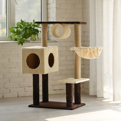 China Breathable Platform Cat House Scratching Wooden Hammock Climber Sisal Cat Tree for sale