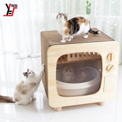 China Breathable Pet TV Shaped Smell Proof Solid Wood Enclosed Kitty Garbage Pad House Cat Toilet for sale