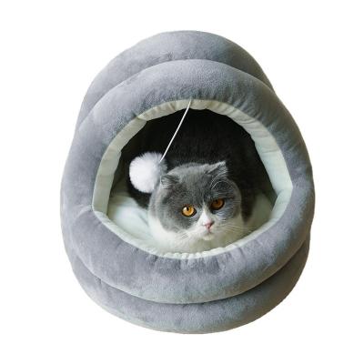 China Factory Wholesale Breathable Amazon Pet Room Printing Cat Cave Bed With Plush Ball And Pet BagCat Sleep Cave Bed Warm for sale