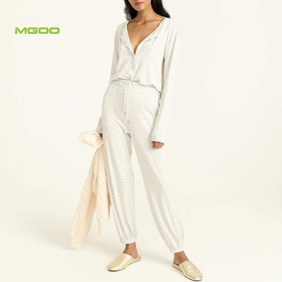 China MGOO QUICK DRY casual elastic leg cotton opening pajama sets stripe pajamas women's loungewear sets for sale