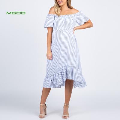 China MGOO Custom Antibacterial Light Blue Striped Pregnant Dress Off The Shoulder Maternity Wear Maternity Clothing With Ruffle Hem for sale