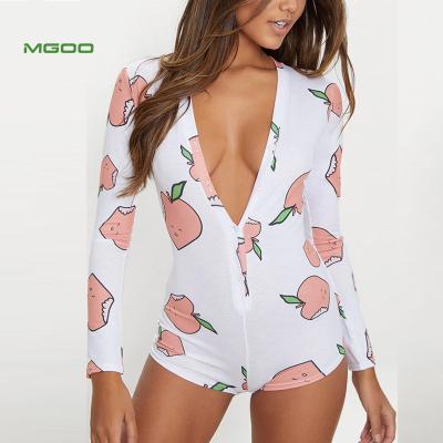 China MGOO QUICK DRY Custom Design High Leg Low V Onesies Print Peach Pattern Jumpsuit Collar Overalls For Women for sale