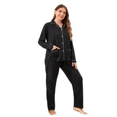 China Plus-size QUICK DRY women's pajamas black polka dot lapel ladies plus size 2 home wear pajamas set for sale