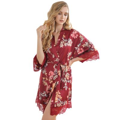 China Ebay QUICK DRY simulated silk robe lace summer bathrobe ladies sexy pajamas Europe and the United States printed loungewear morning robe r for sale