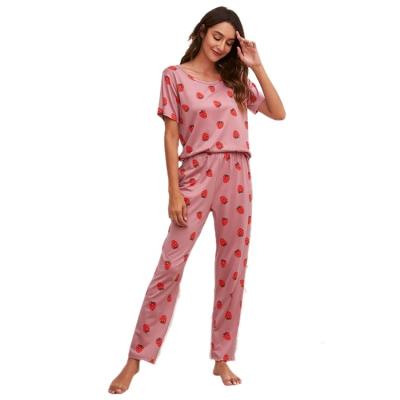 China QUICK DRY Strawberry Patterned Women's Pajamas Shorts Long Sleeve Pants Three Piece Loungewear Set With Eye Mask Loose Nightgowns Summer for sale