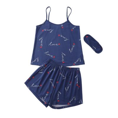 China Ladies QUICK DRY pajamas sexy love print suspenders short sleeves eye mask loungewear set casual breathable wearing shreds for sale