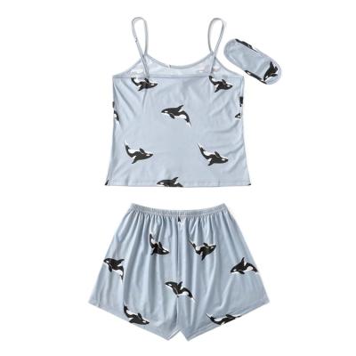 China New Lady's QUICK DRY Nightgown Whale Print Halter Belt Vest Shorts Home Dress + Eye Mask 3 Sets for sale