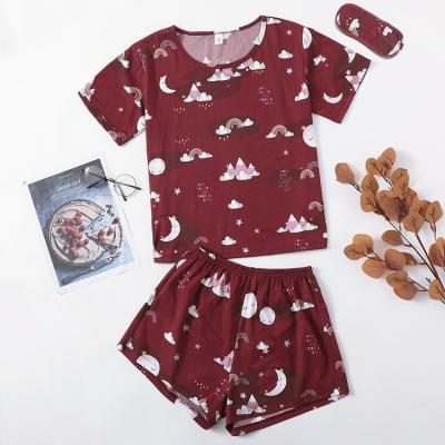 China 2022 New Women's Pajamas Summer QUICK DRY Pattern Print T-shirt and Shorts Pajamas Set with DYE Eye Mask Nightgowns Round Neck Garment for sale