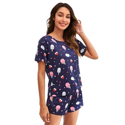 China 2022 Summer QUICK DRY Women's Pajamas Ice Cream Print Sleeve Short Shorts Wearing Dyed Eye Mask Loungewear Nightgowns Round Neck Garment for sale