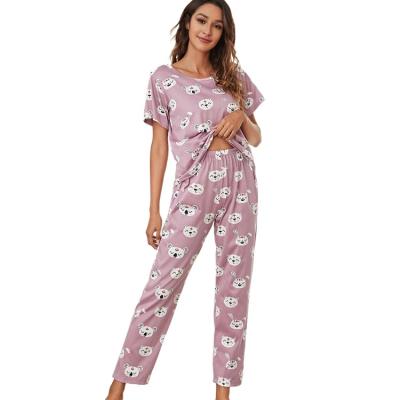 China Ladies QUICK DRY Pajamas Summer Short Sleeve Loungewear Pants Set 2022 Girls Cartoon Pattern Women Light Pink Nightgowns Round Neck for sale