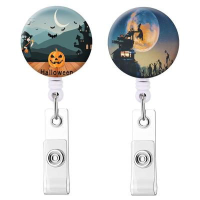 China ID Card Badge Holder Halloween Cartoon Printing Pumpkin Haunted House ABS Stick Badge Reel Holder Clip for sale