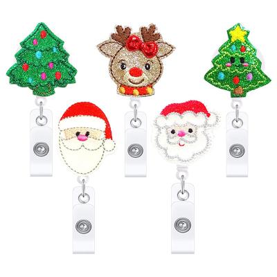 China ID Card Badge Holder Hand Embroidered Cloth Felt Retractable Elk Christmas Tree Old Man Badge Reel Holder Clip for sale