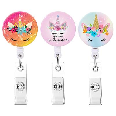 China Full Patch Color Gradient Durable Flat Epoxy Unicorn Plastic Badge Reel Holder Clip for sale