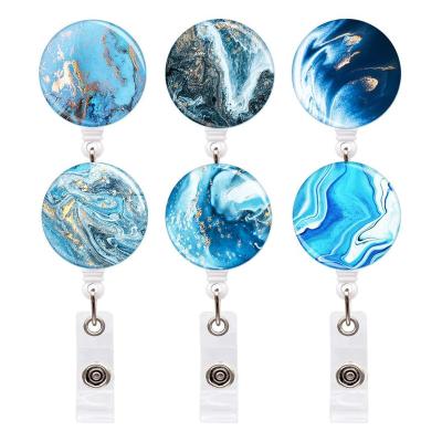 China ID Card Badge Holder ABS Plastic Epoxy Blue Sea Liquid Marble Badge Reel Holder for sale