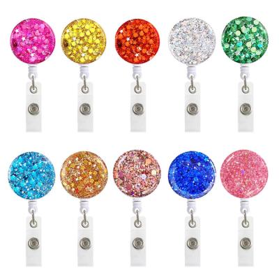 China ID Card Badge Holder New Arrivals Glitter Plastic Epoxy Glitter Round Retractable Rotate Badge Holder for sale