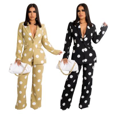 China 2021 Casual Anti-Static Women's Clothing Temperament Blazer Long Pants Polka Dot Printing Two Piece Sets for sale